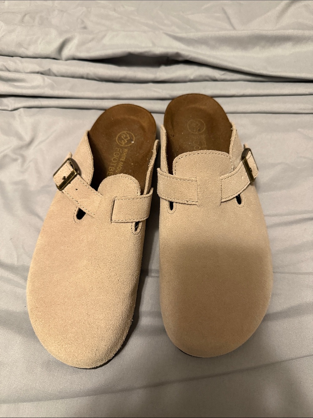 White Mountain Beige Suede Slip-On Clogs with Buckle